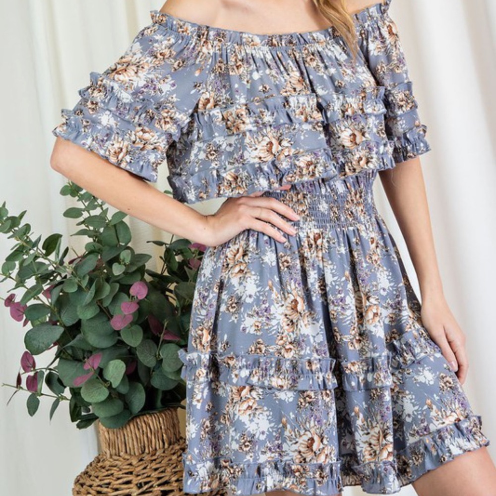 Ruffled Floral Print Mini Off the Shoulder Dress